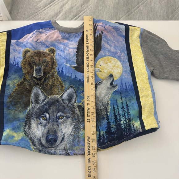 Upcycled Wildlife Patchwork Crewneck Handmade Quilt Rework Mountain Spirit Vibes - Picture 8 of 8